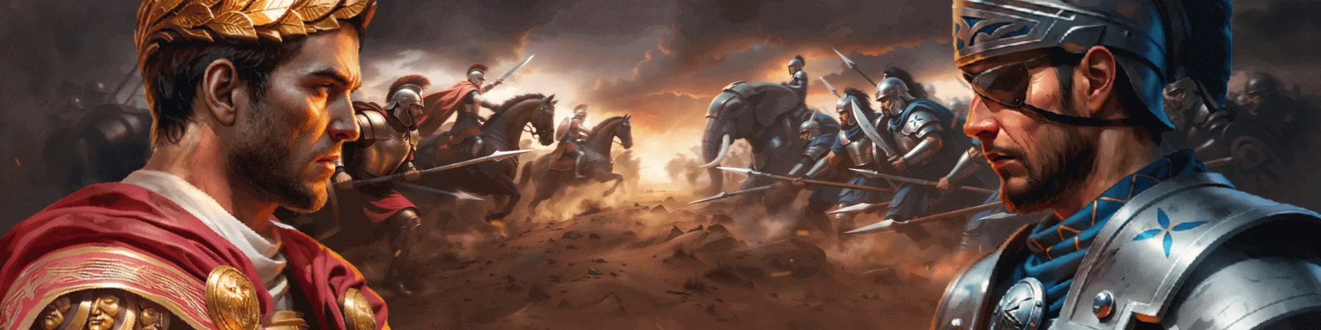 Cezar i legionista w hełmie na tle szarżującej konnicy